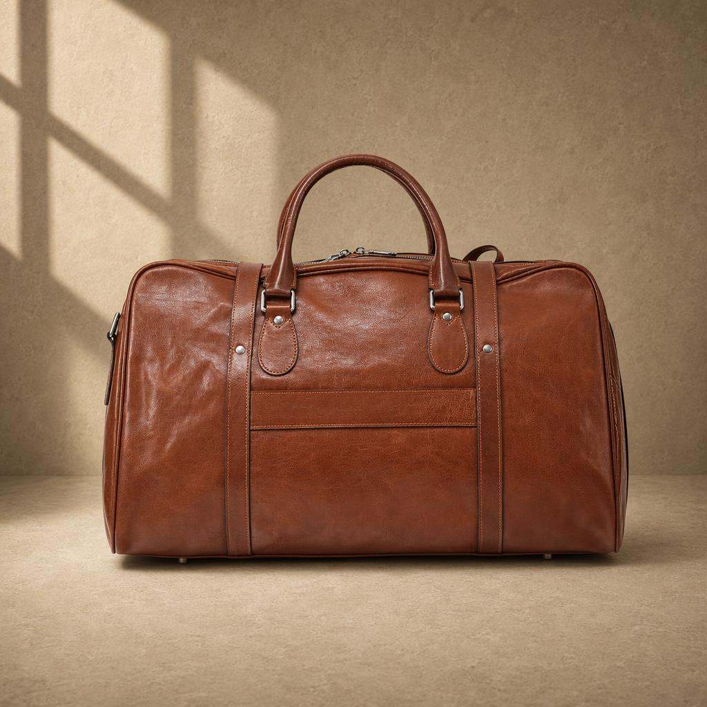 Chestnut cowhide executive weekender with suitcase sleeve, rear view