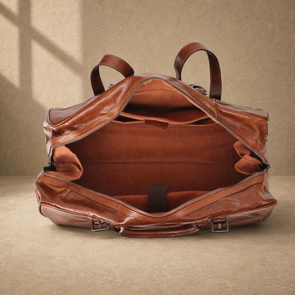 Chestnut cowhide executive weekender showing organized empty interior