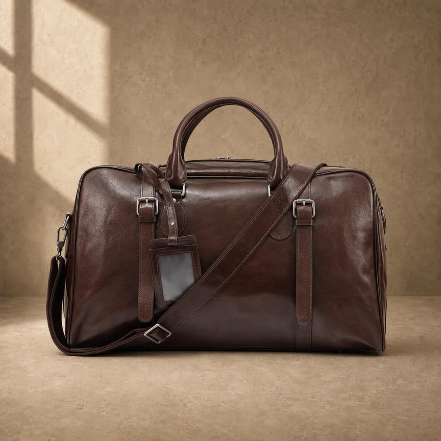 Coffee cowhide executive travel tote with shoulder strap, front view