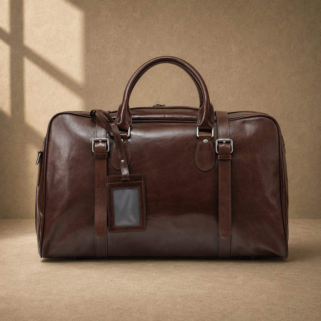 Coffee cowhide executive travel tote with luggage tag, front view