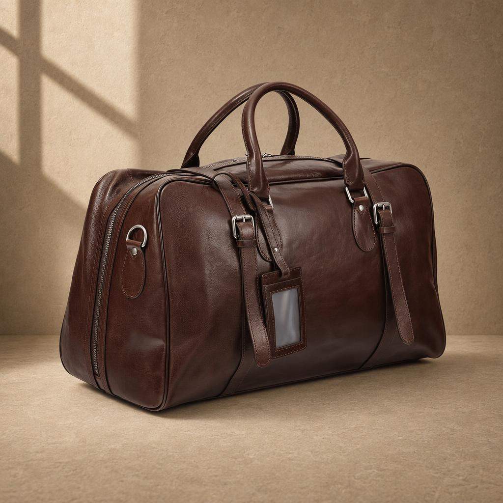 Coffee cowhide executive travel tote, three-quarter view