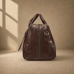 Coffee cowhide executive travel tote, side profile