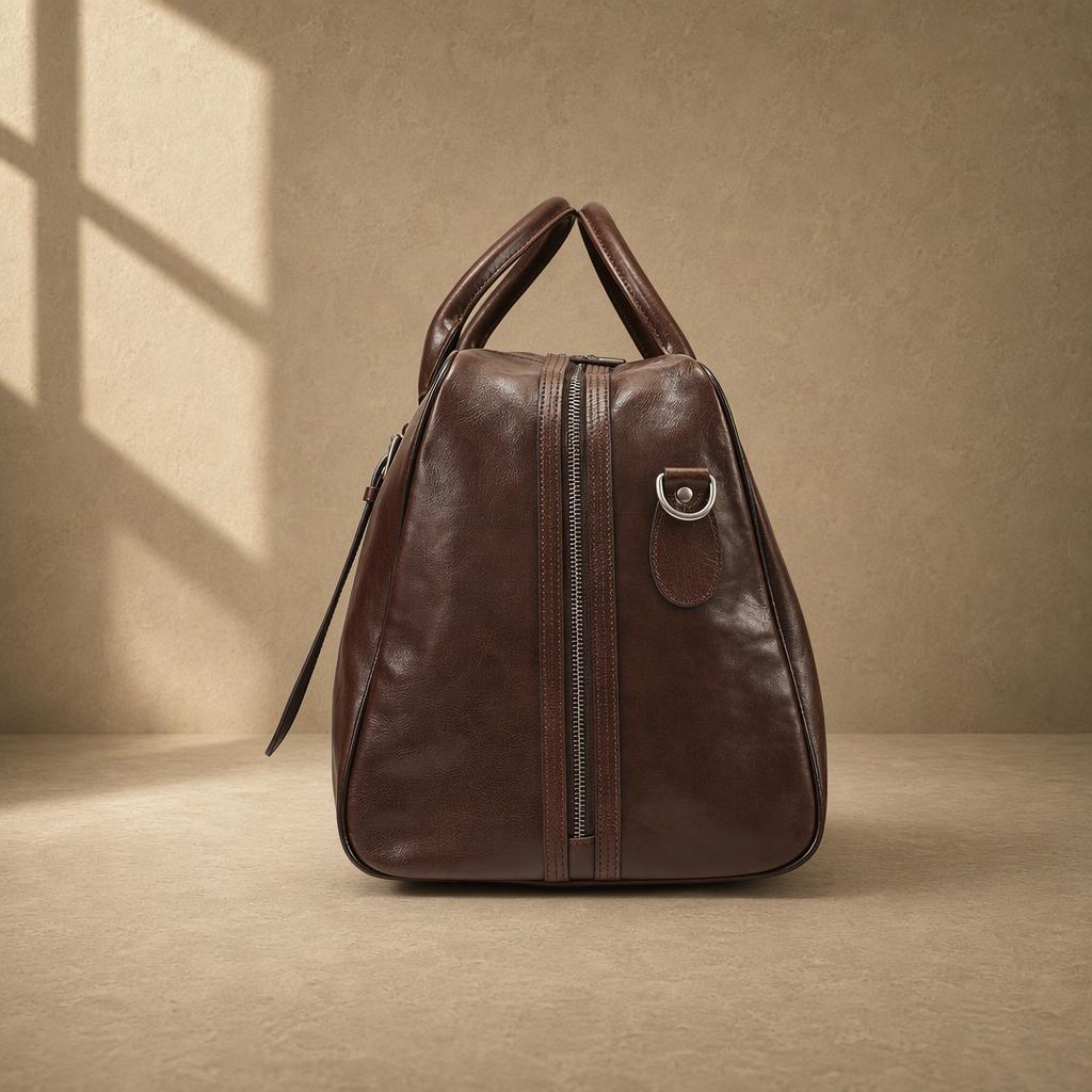 Coffee cowhide executive travel tote, side profile