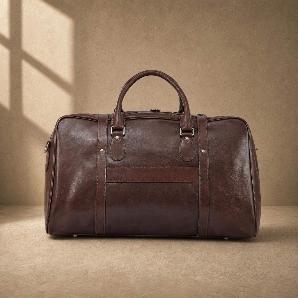Coffee cowhide executive travel tote with suitcase sleeve, rear view