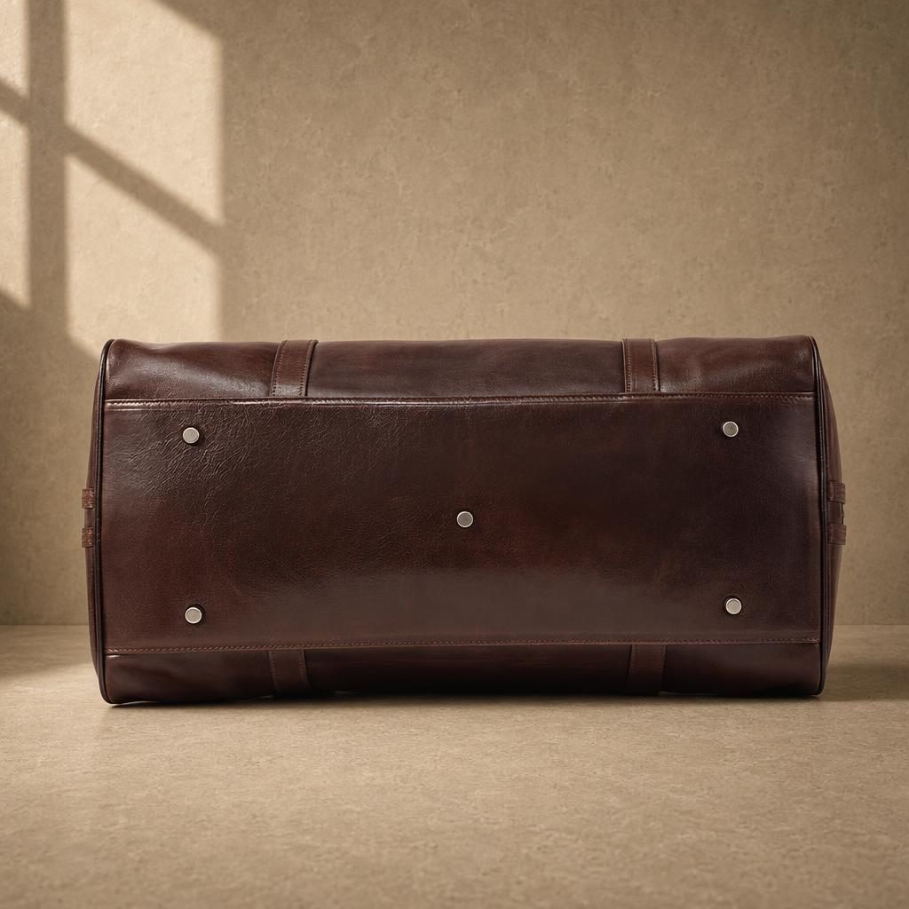 Coffee cowhide executive travel tote with protective metal feet