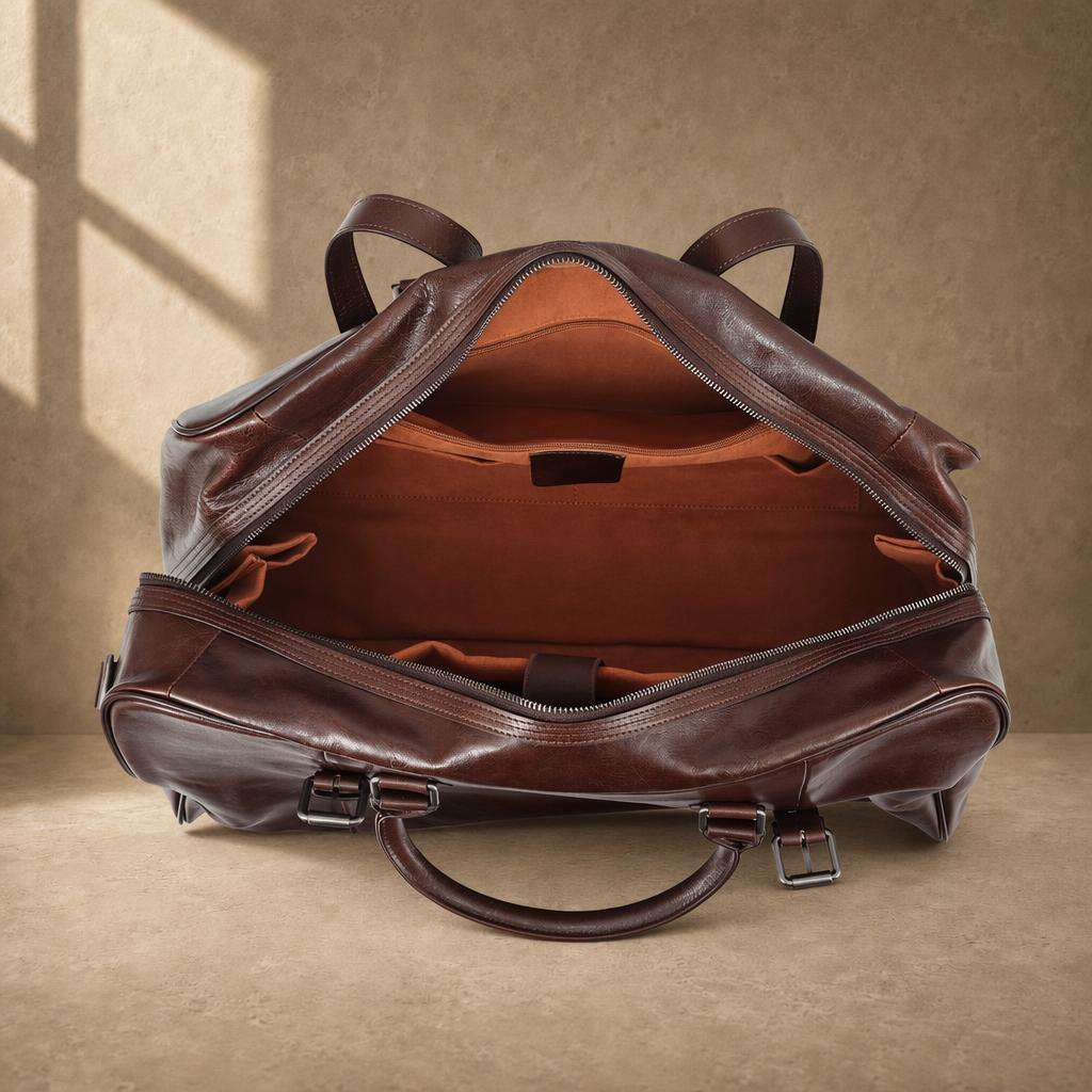 Coffee cowhide executive travel tote showing organized empty interior