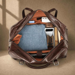 Coffee cowhide executive travel tote showing packed capacity