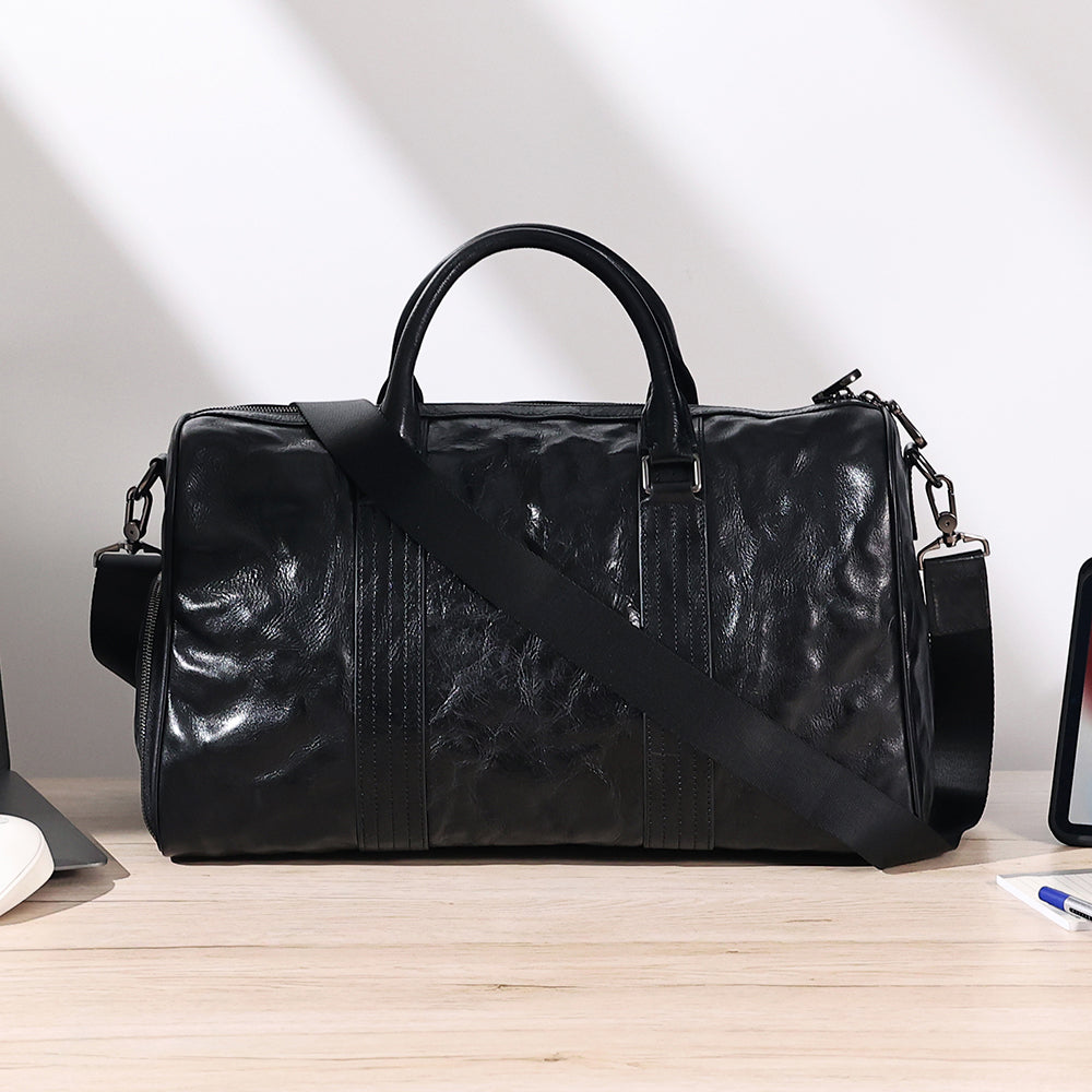 Front product view of The Nightfall Black Leather Weekender