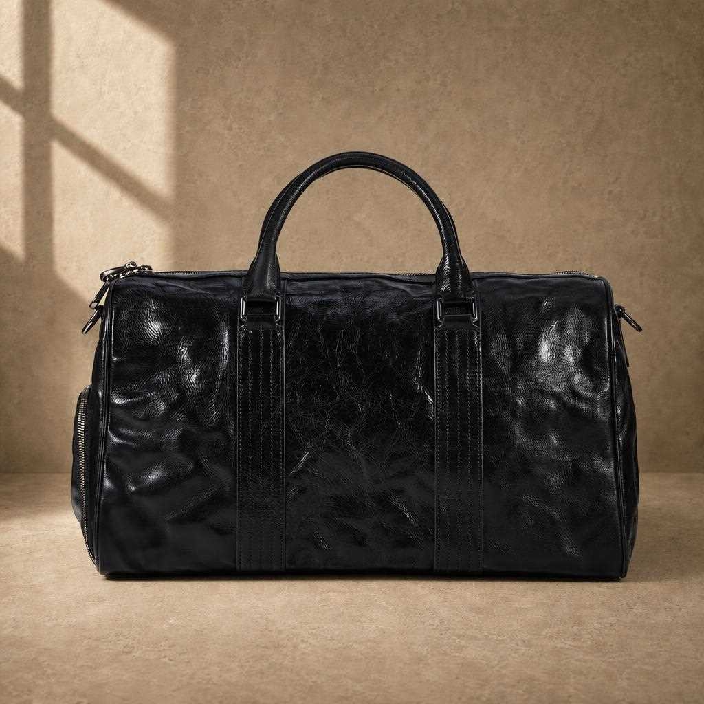 Straight-on view of black cowhide leather weekender duffel bag
