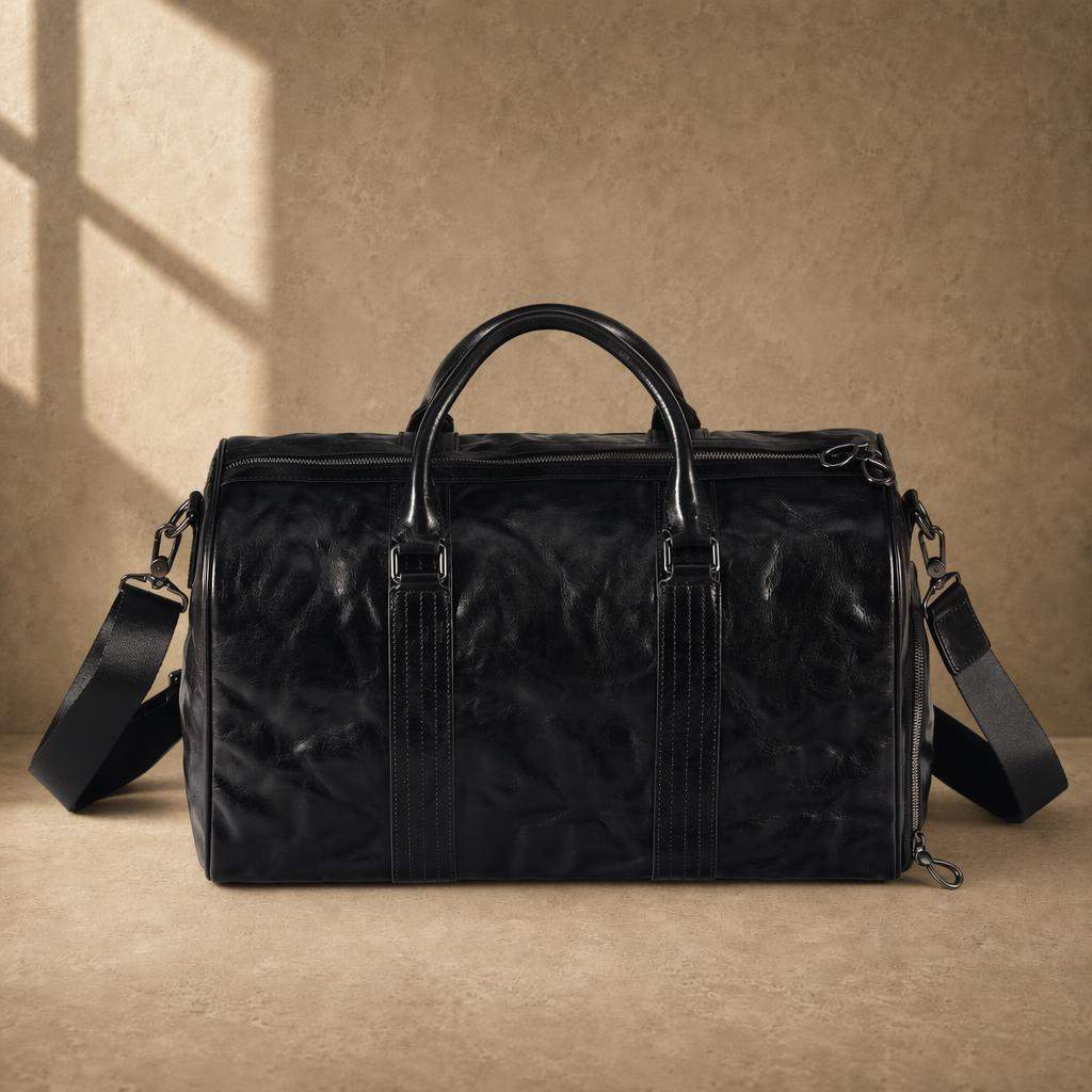 Black cowhide leather weekender duffel bag shown from the front