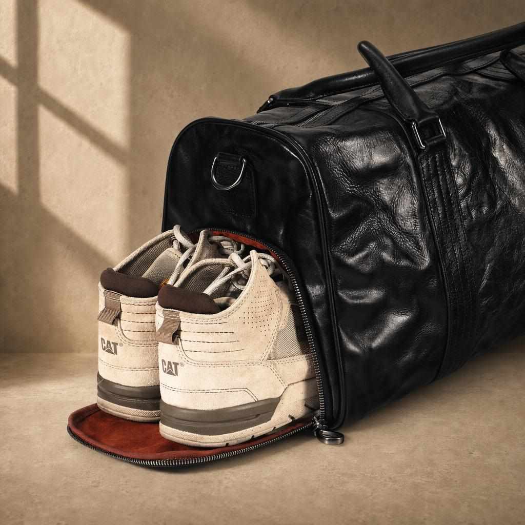 Close-up of zippered shoe compartment on black cowhide leather weekender