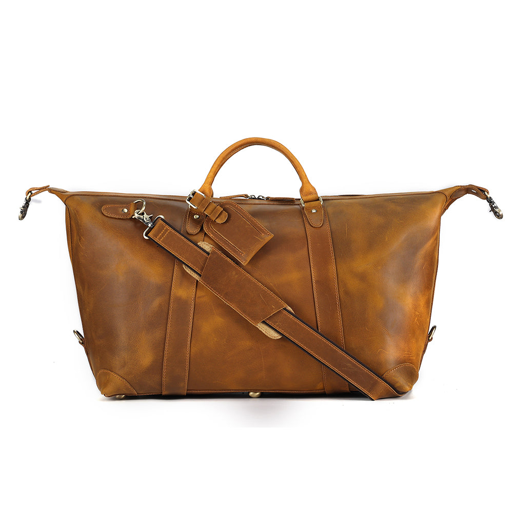 Front product view of The Trailhead Tan Leather Weekender