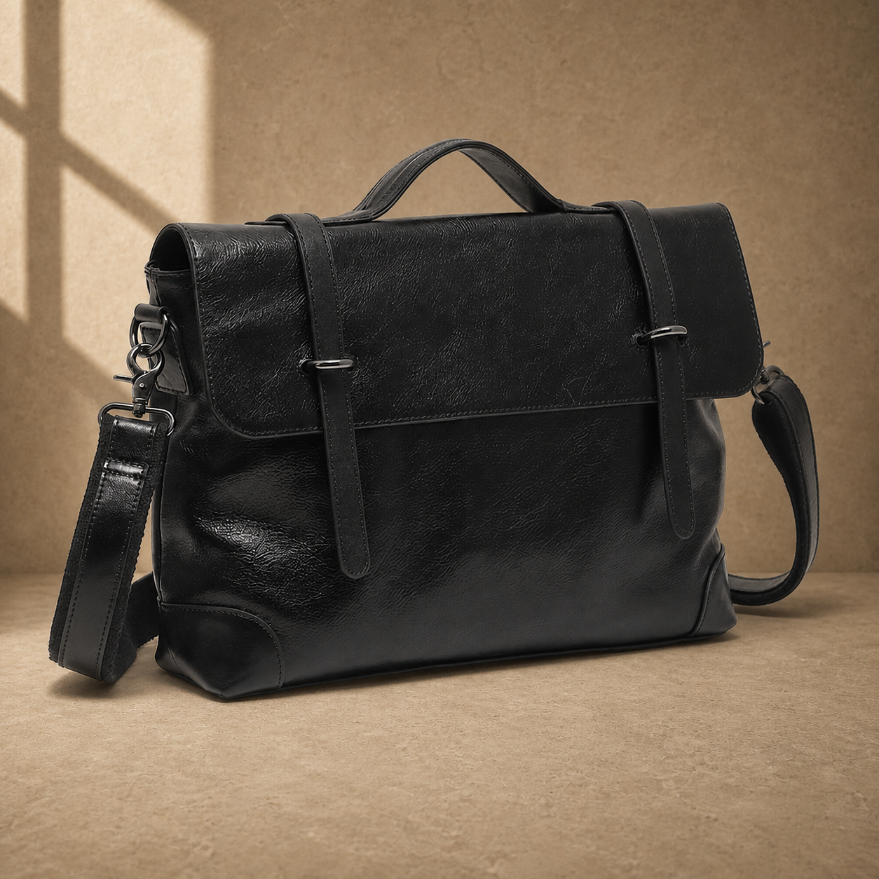 Black leather commuter messenger bag, three-quarter front view