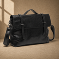 Black leather commuter messenger bag, three-quarter front view
