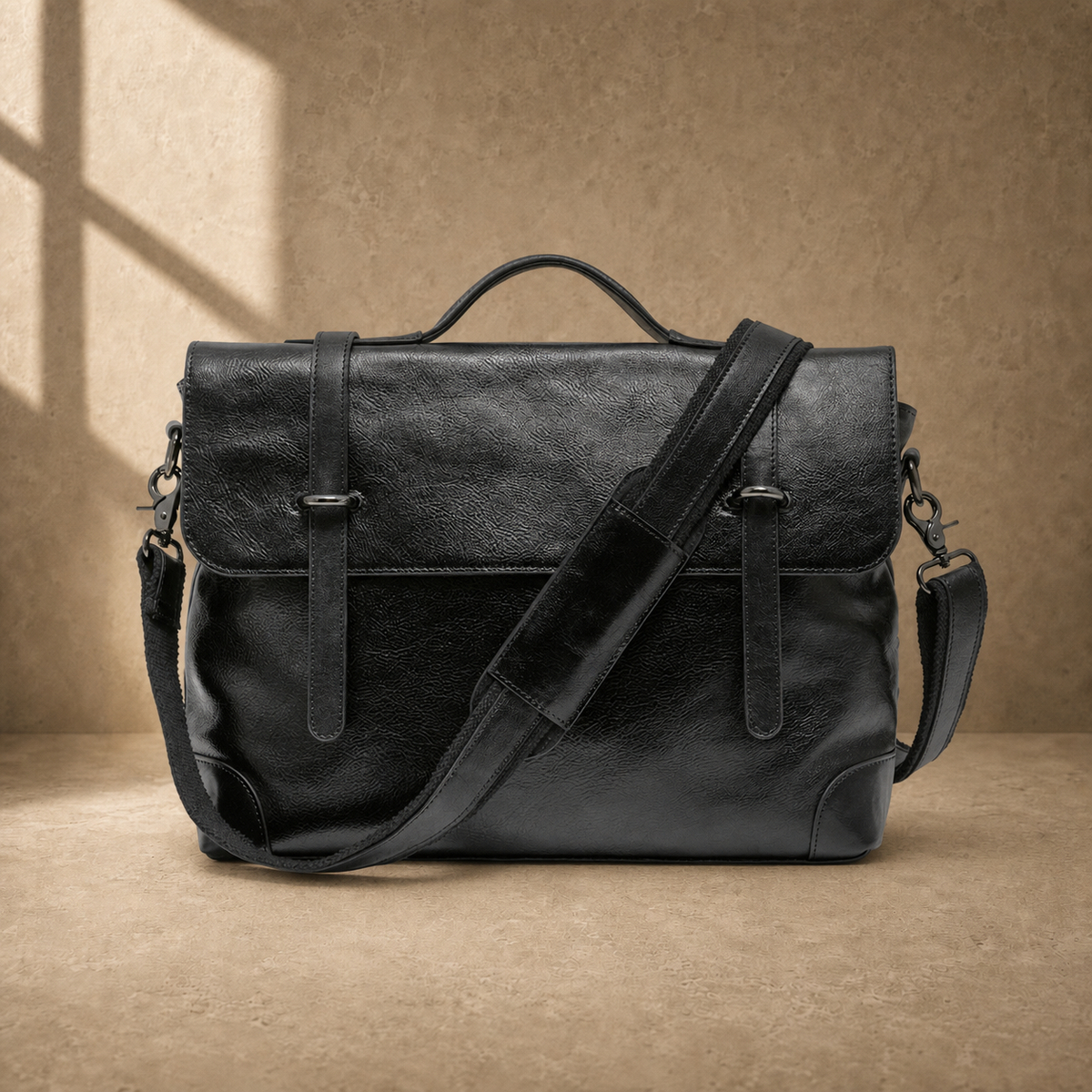 Black leather commuter messenger bag, straight front view with strap