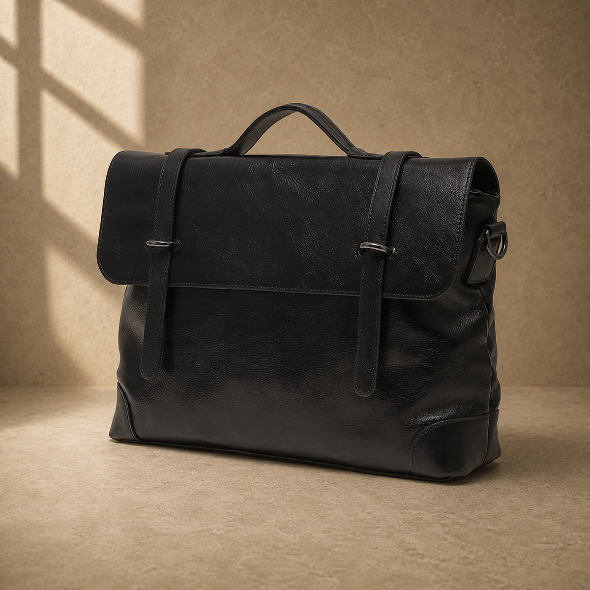 Black leather commuter messenger bag, alternate angled front view