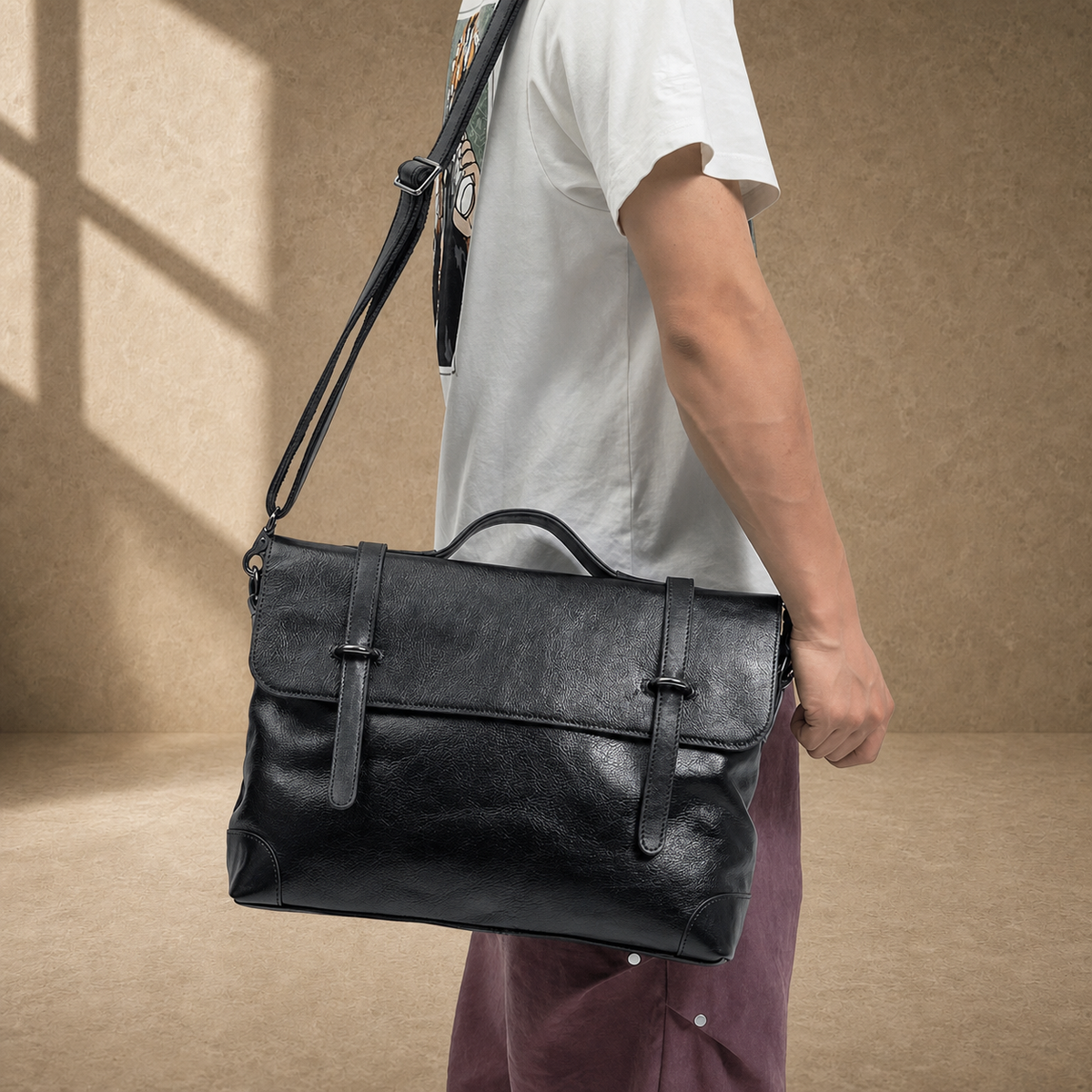 Black leather commuter messenger bag worn with shoulder strap