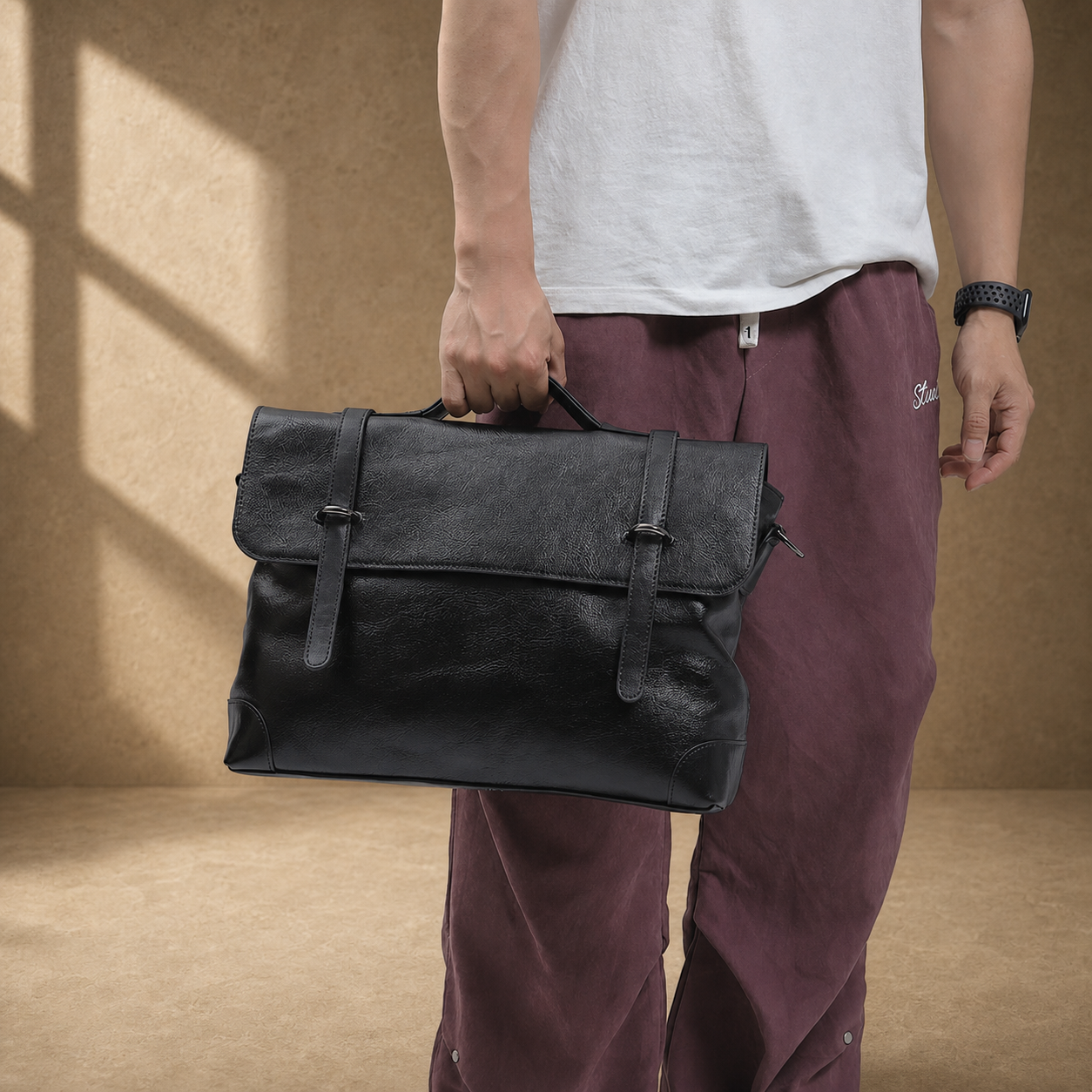 Black leather commuter messenger bag carried by top handle