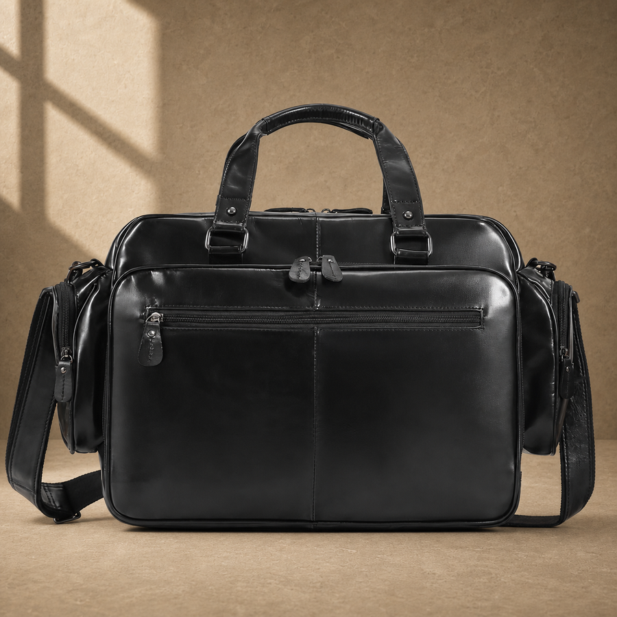 Black leather multi-pocket briefcase, straight front view