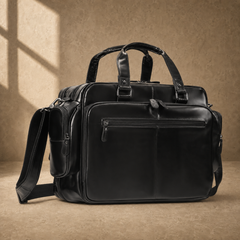 Black leather multi-pocket briefcase, angled front view
