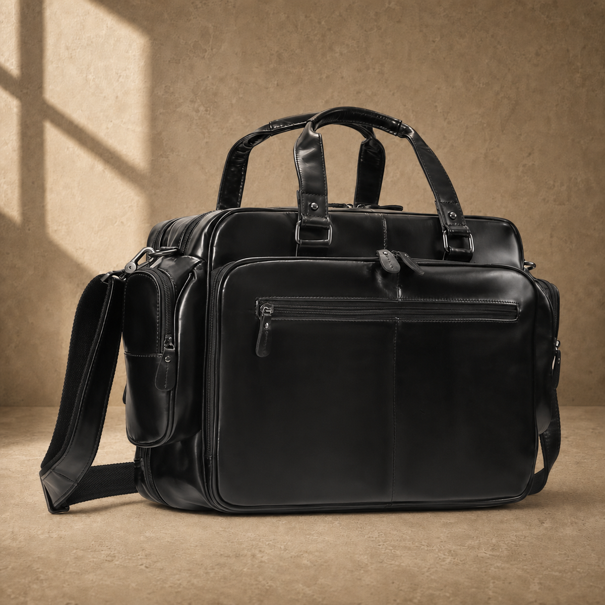 Black leather multi-pocket briefcase, angled front view