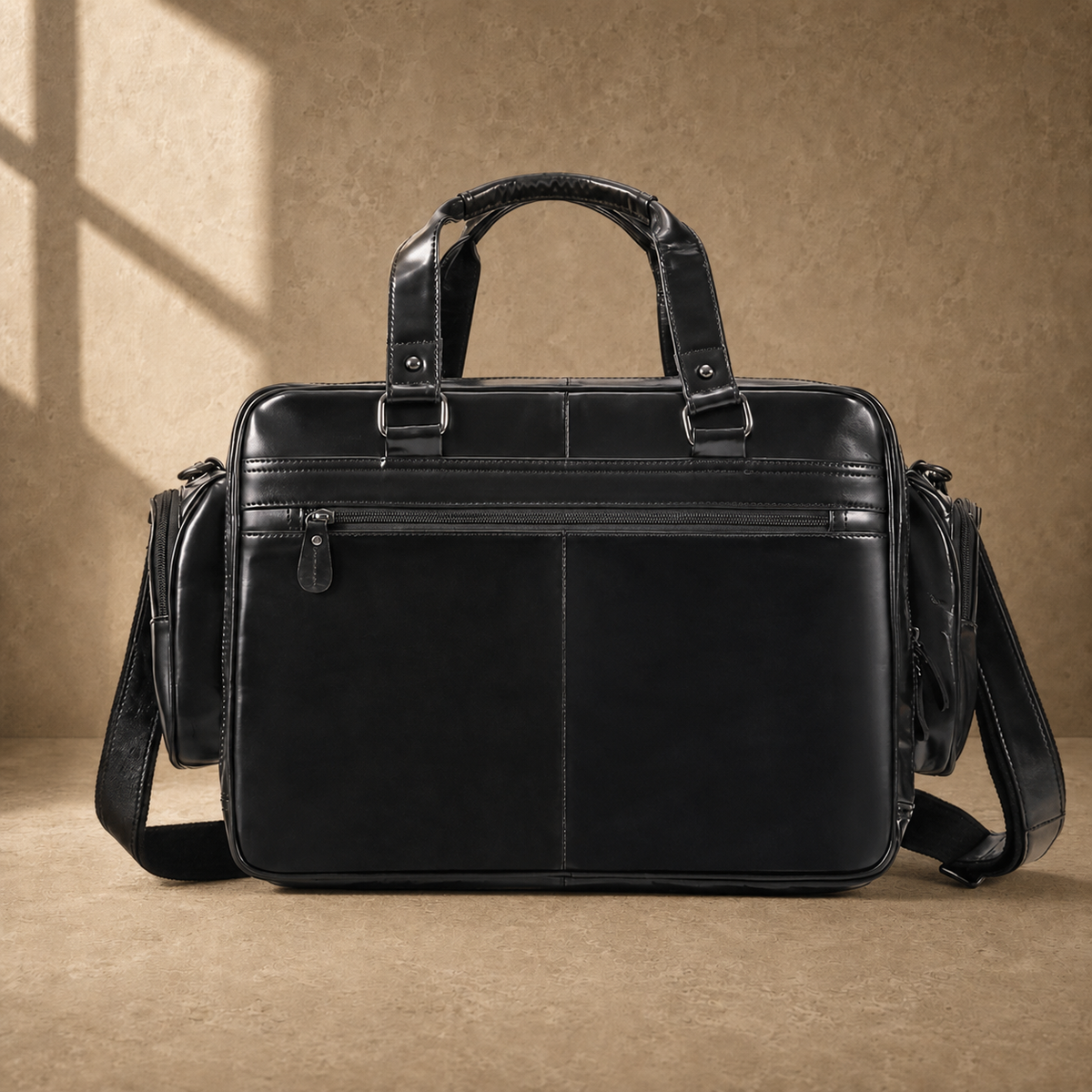 Black leather multi-pocket briefcase, rear zipper view