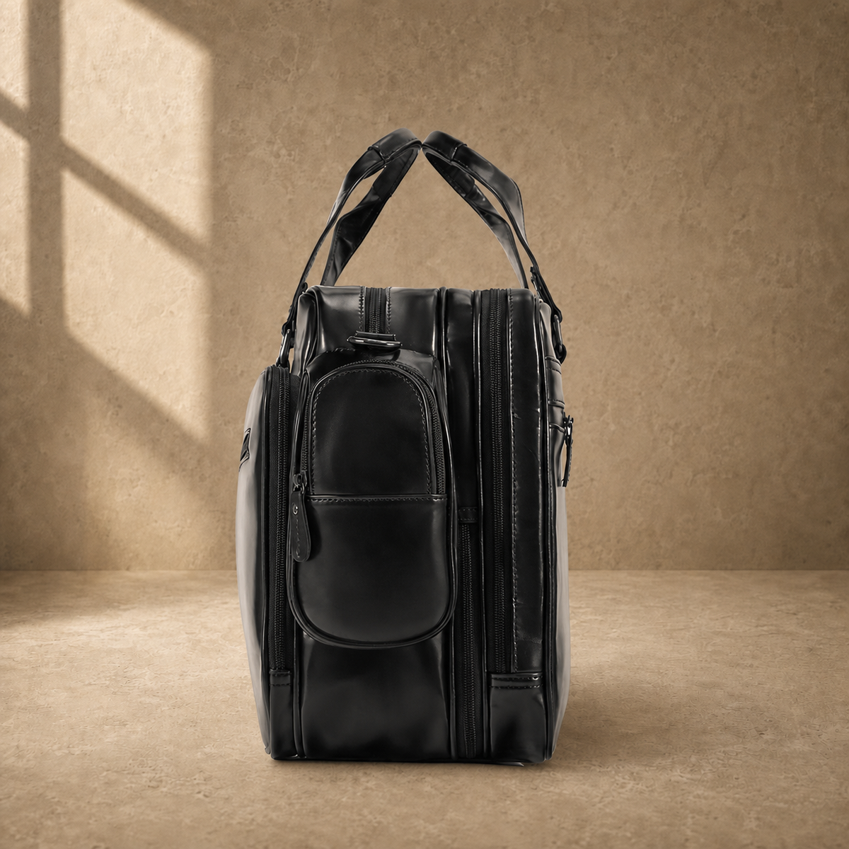 Black leather multi-pocket briefcase, side pocket profile