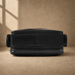 Black leather multi-pocket briefcase, reinforced base view