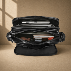 Black leather multi-pocket briefcase, packed interior capacity