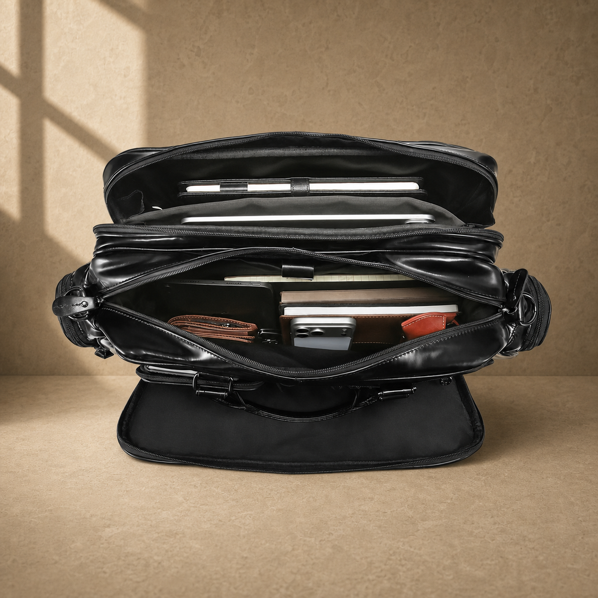 Black leather multi-pocket briefcase, packed interior capacity