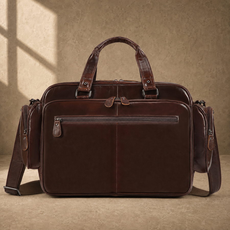 Coffee leather multi-pocket work bag front hero view