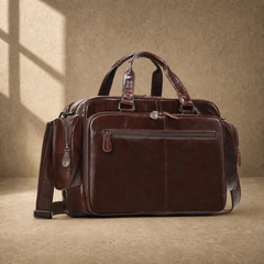 Coffee leather multi-pocket work bag three-quarter front view