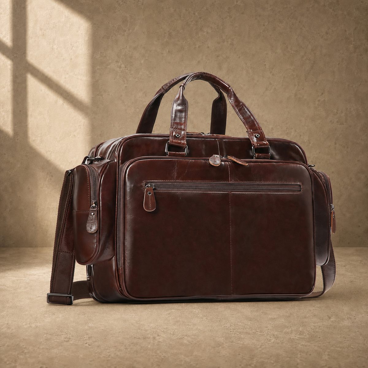 Coffee leather multi-pocket work bag three-quarter front view