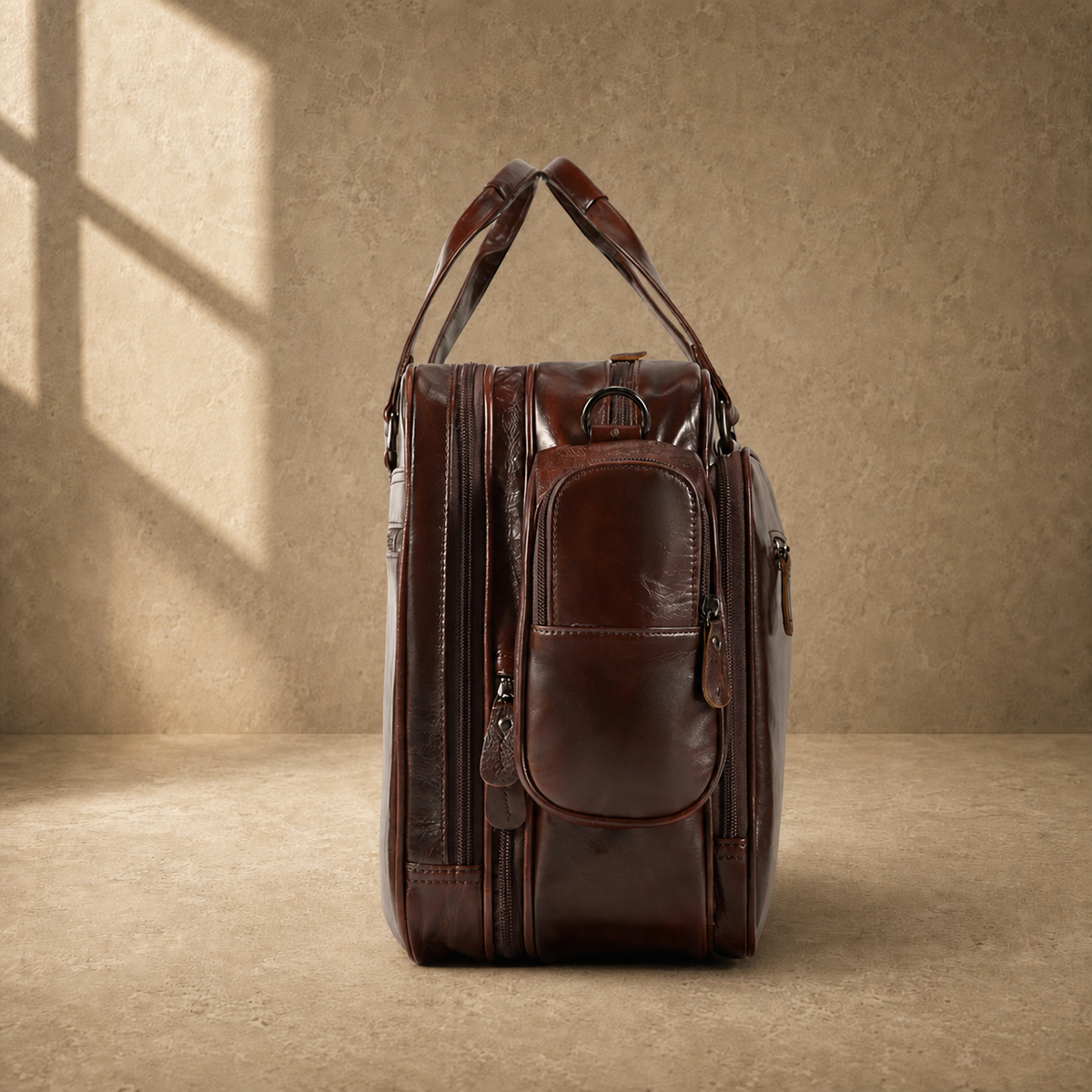 Coffee leather multi-pocket work bag side profile