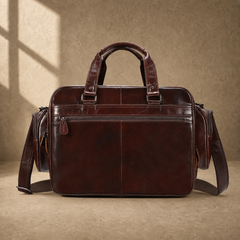 Coffee leather multi-pocket work bag rear view