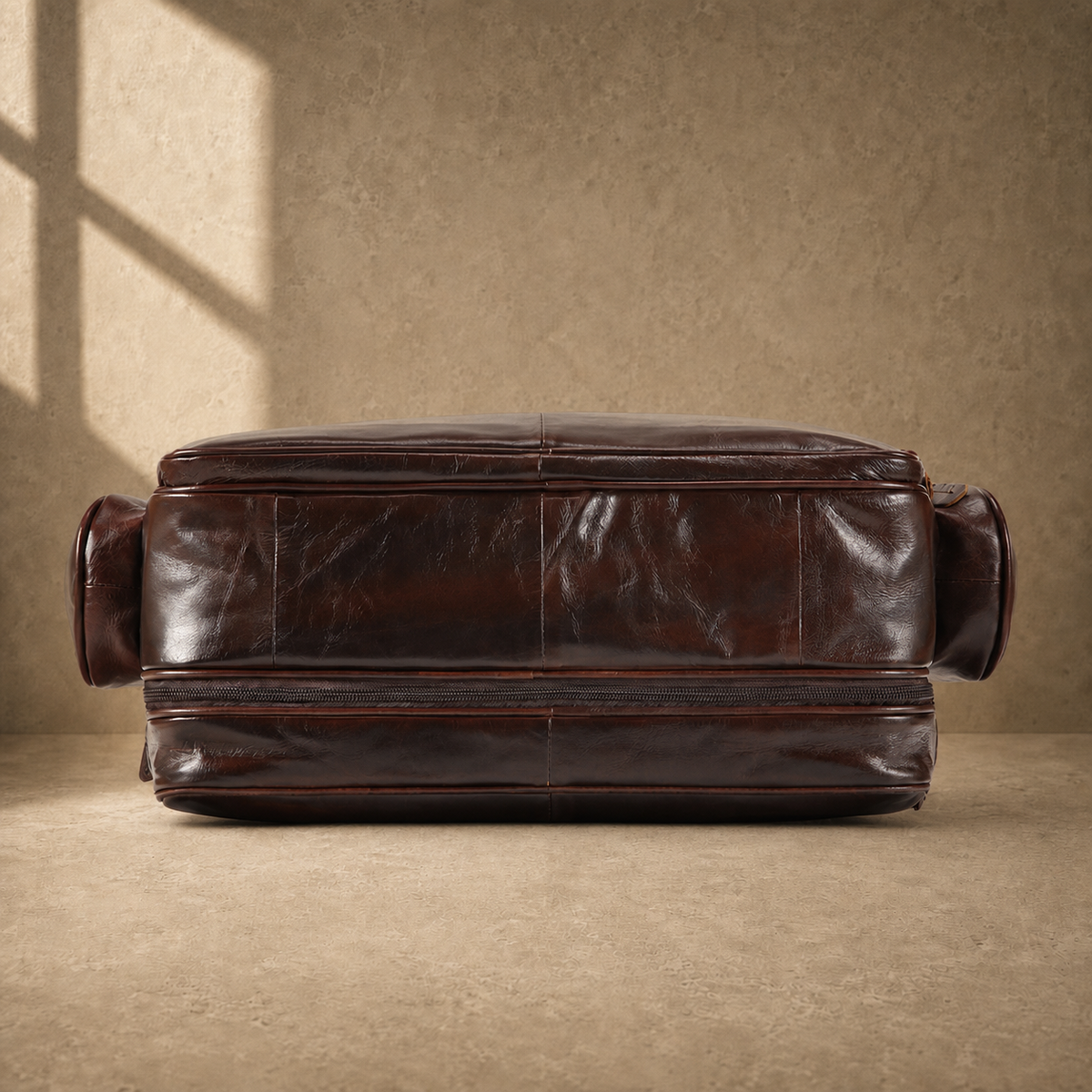 Coffee leather multi-pocket work bag reinforced base view