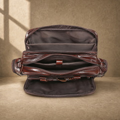 Coffee leather multi-pocket work bag empty interior view