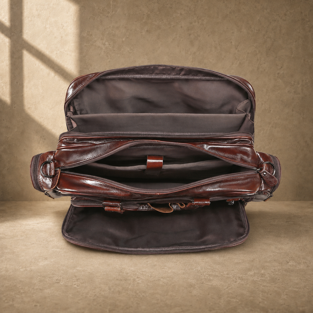Coffee leather multi-pocket work bag empty interior view