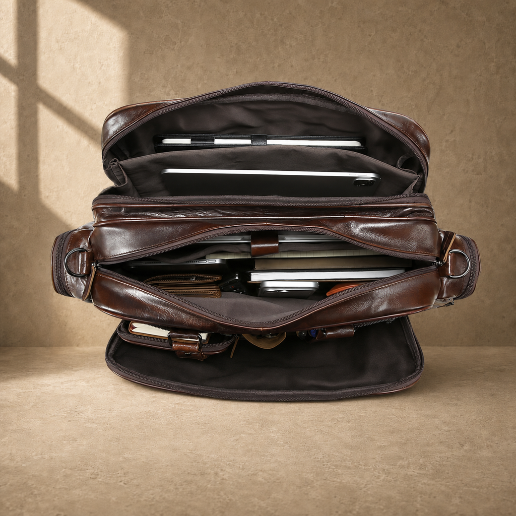 Coffee leather multi-pocket work bag packed capacity view