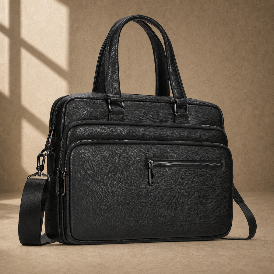 Black leather multi-pocket briefcase, three-quarter front view