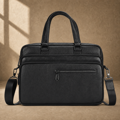 Black leather multi-pocket briefcase, straight front view