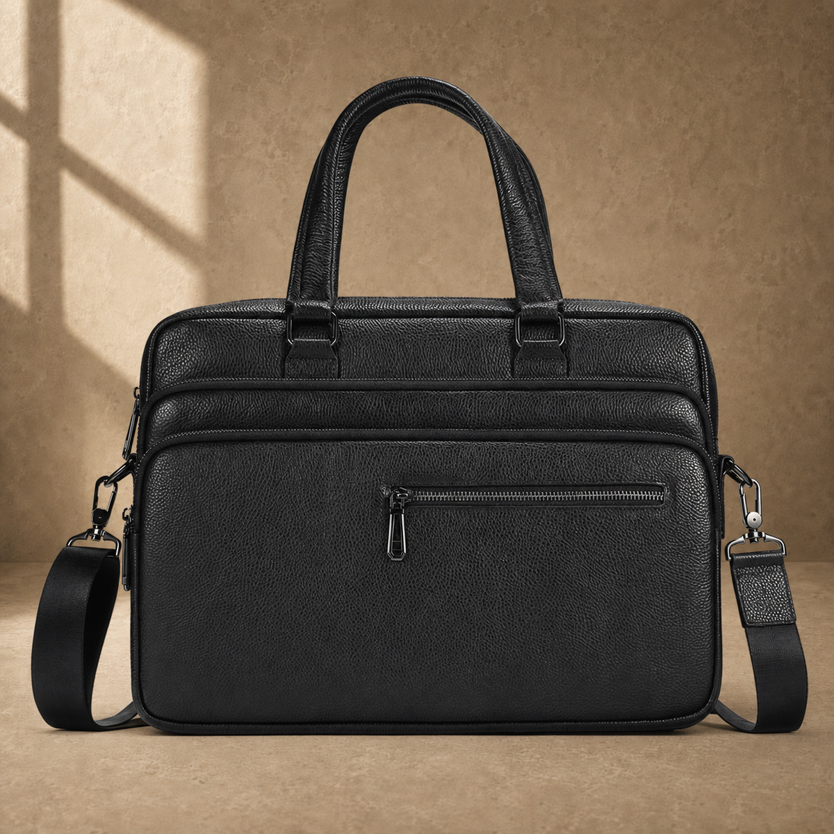 Black leather multi-pocket briefcase, straight front view