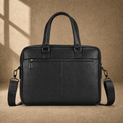 Black leather multi-pocket briefcase, rear zipper pocket