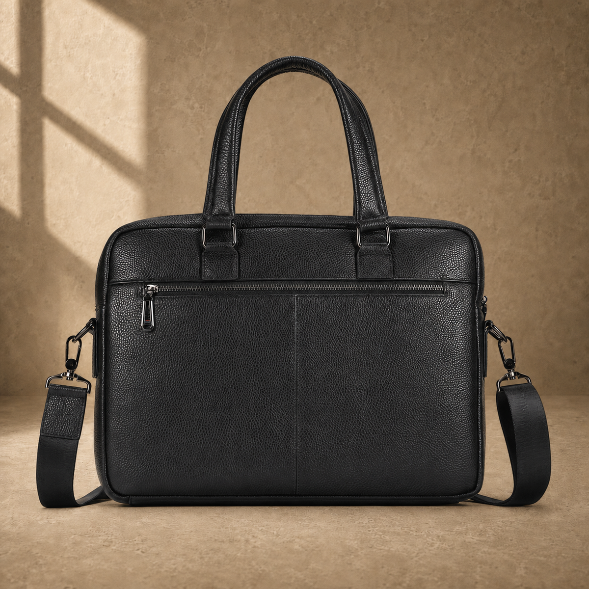 Black leather multi-pocket briefcase, rear zipper pocket