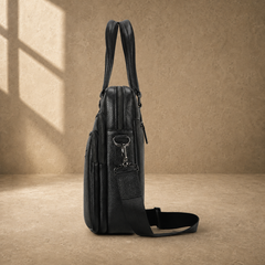 Black leather multi-pocket briefcase, side profile
