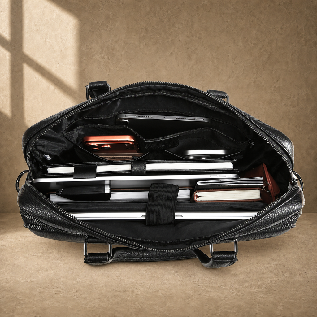 Black leather multi-pocket briefcase, packed laptop compartment