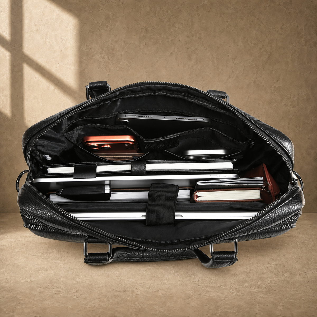 Black leather multi-pocket briefcase, packed laptop compartment