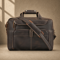 Brown leather multi-pocket briefcase with shoulder strap, front view