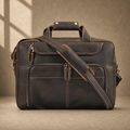 Brown leather multi-pocket briefcase with shoulder strap, front view