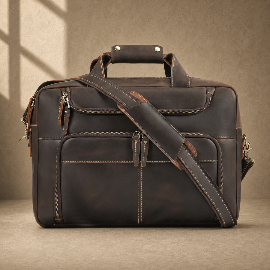 Brown leather multi-pocket briefcase with shoulder strap, front view